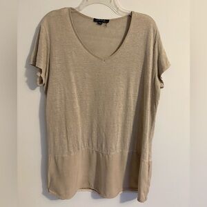 Charlie B Tan/Beige V Neck 100% Linen Short Sleeve Top Beachy Womens Size XL